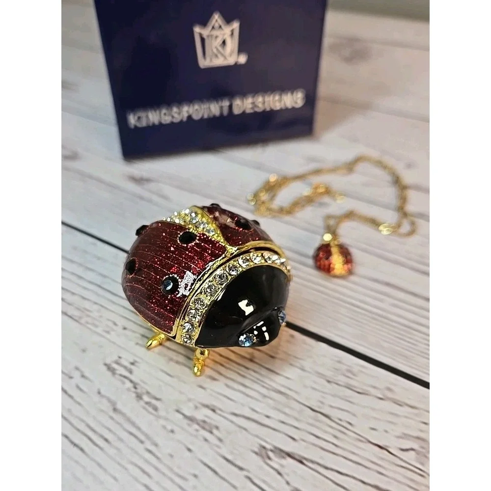 Kingspoint Designs Ladybug trinket box w/ necklace red enamel Jewelry Rhinestone